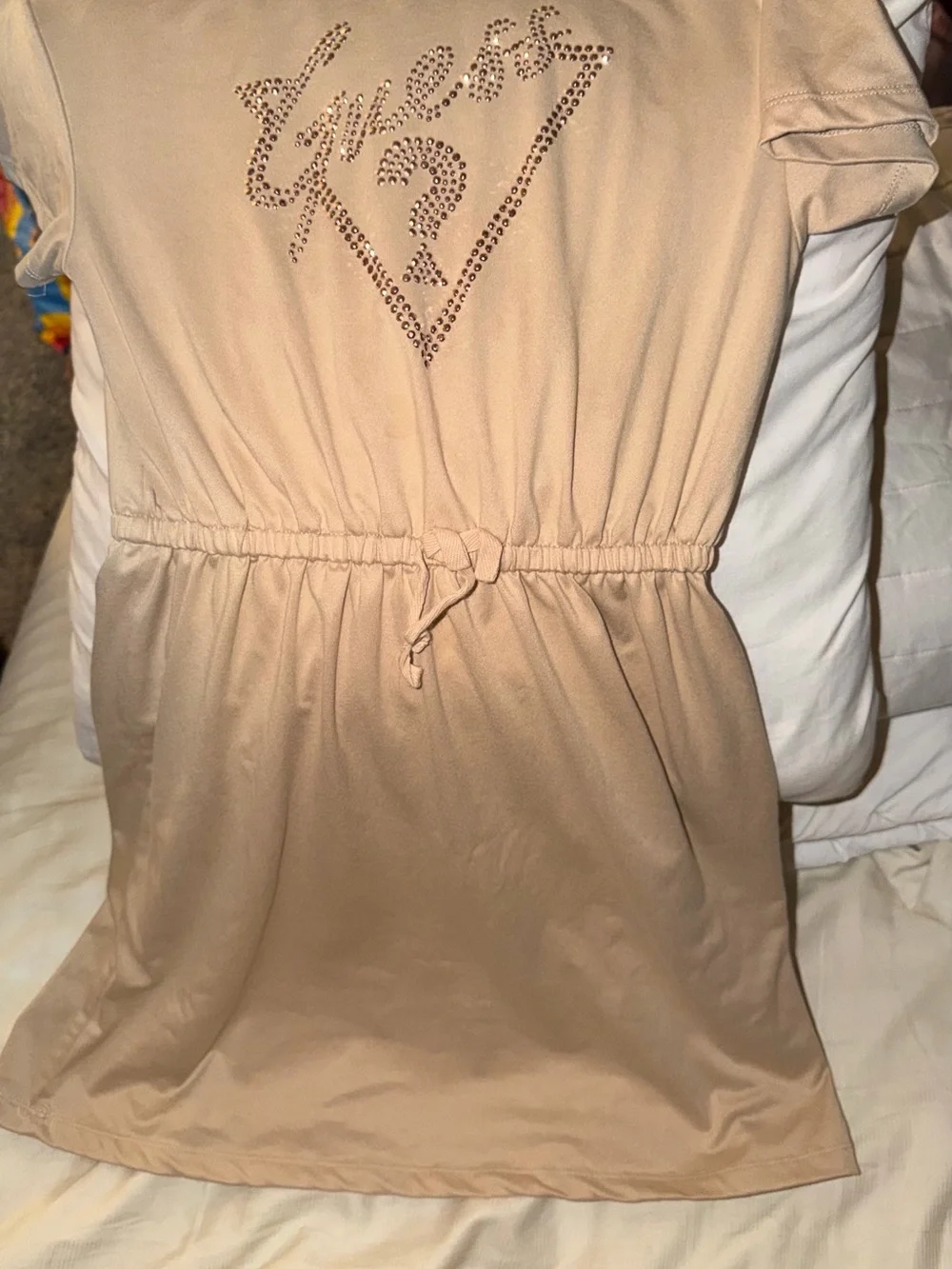 Guess Beige Short Sleeve Drawstring Dress with Rhinestone Logo